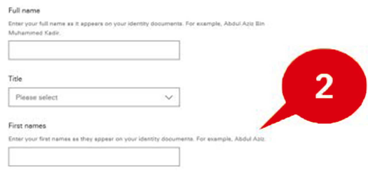 Step 1 of online application form. Input field of full name, title and first names.