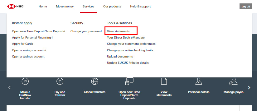 Select the view statement button under the Services tab in online banking doormat.