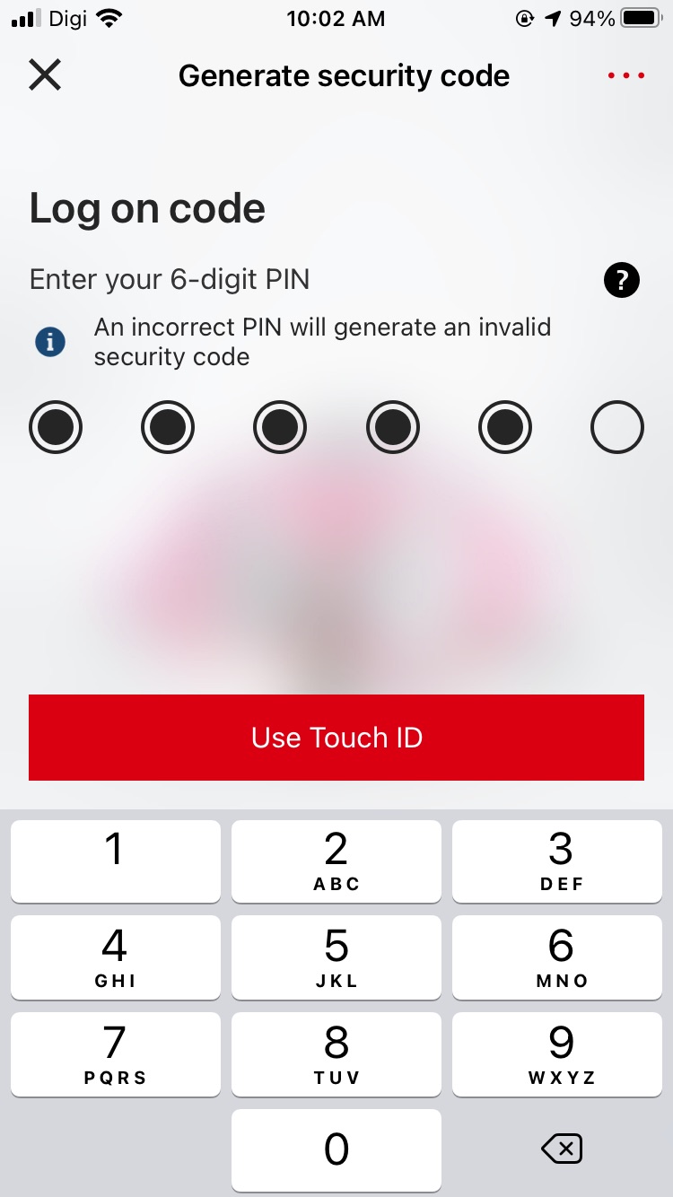 mobile banking app interface for entering 6-digit PIN