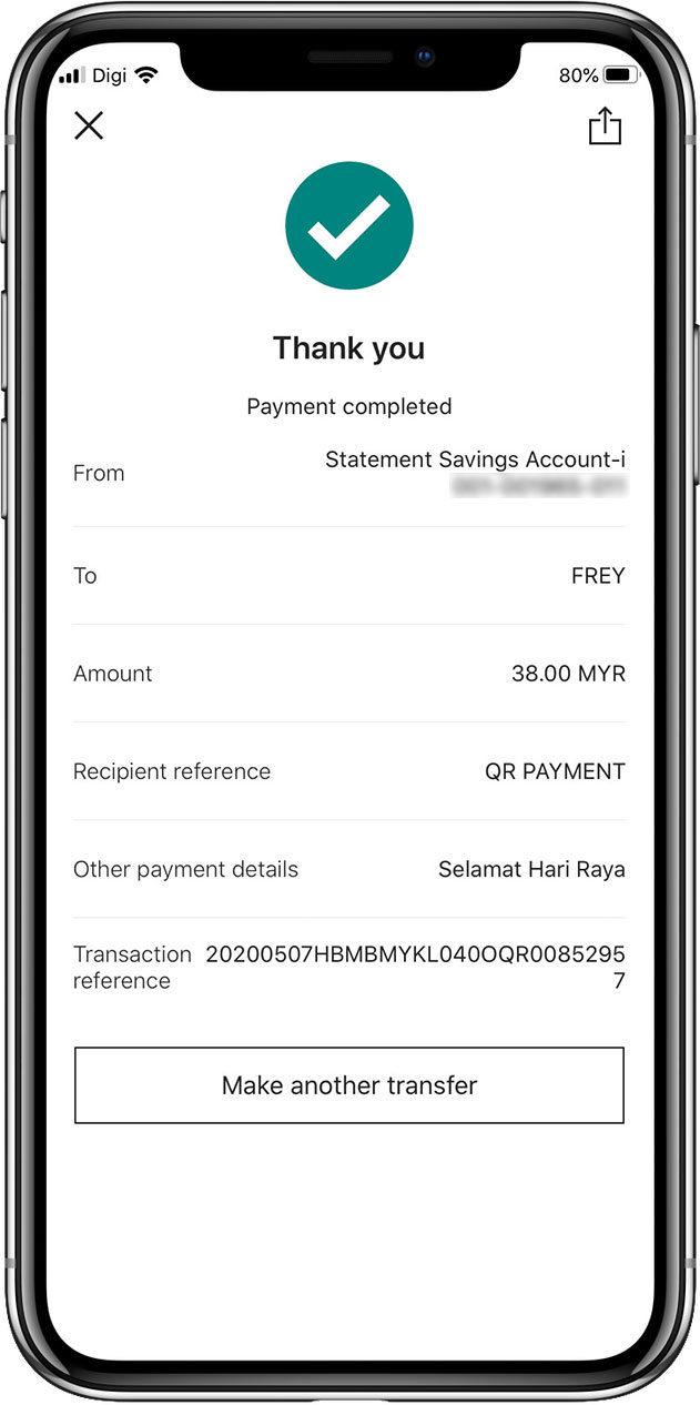 Payment complete page with share button at the top.
